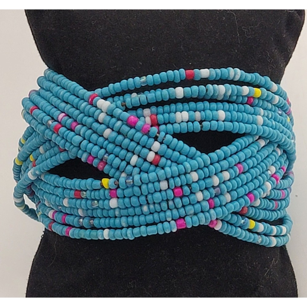 Wide Seed Bead‎ Wrap Bracelet Open Cuff Blue Cultural Southwestern